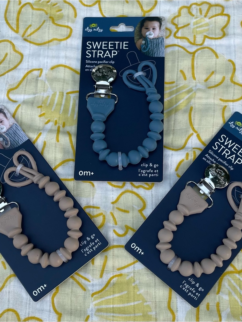 Itzy Ritzy Sweetie Strap Pacifier Clip Set (1 Blue, 2 tan)